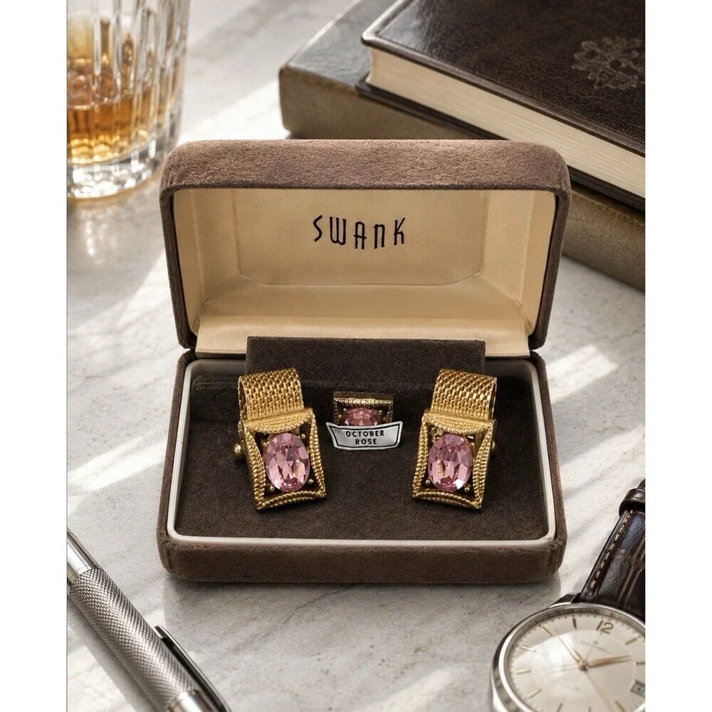 Vintage SWANK October Rose Pink Mesh Cufflinks Tie Tack Set Gold Tone Rare Box